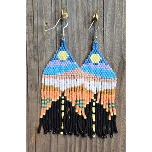 Handmade Beaded Earrings Drop / Dangle Geo Design Approx 4 in. Multi